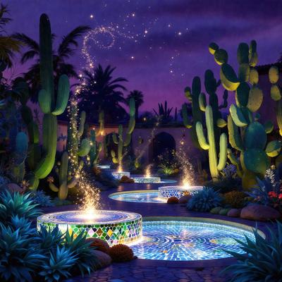 The primary subject of the image is a beautifully lit garden with a fountain and a pool of water. The garden is filled with various cacti, creating a unique and visually appealing atmosphere. The setting is a nighttime garden, with the lights illuminating the area and casting a warm glow. The visual style of the image is a combination of photo and digital art, creating a realistic yet artistic representation of the garden. The colors and mood of the image are predominantly blue and green, with